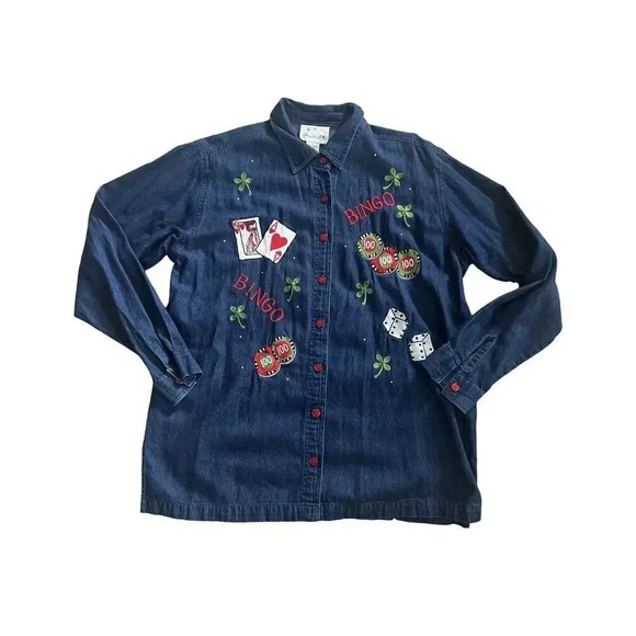 The Quacker Factory Long Sleeve Denim Shirt Womens Large Embroidered BINGO Lucky - Picture 1 of 4